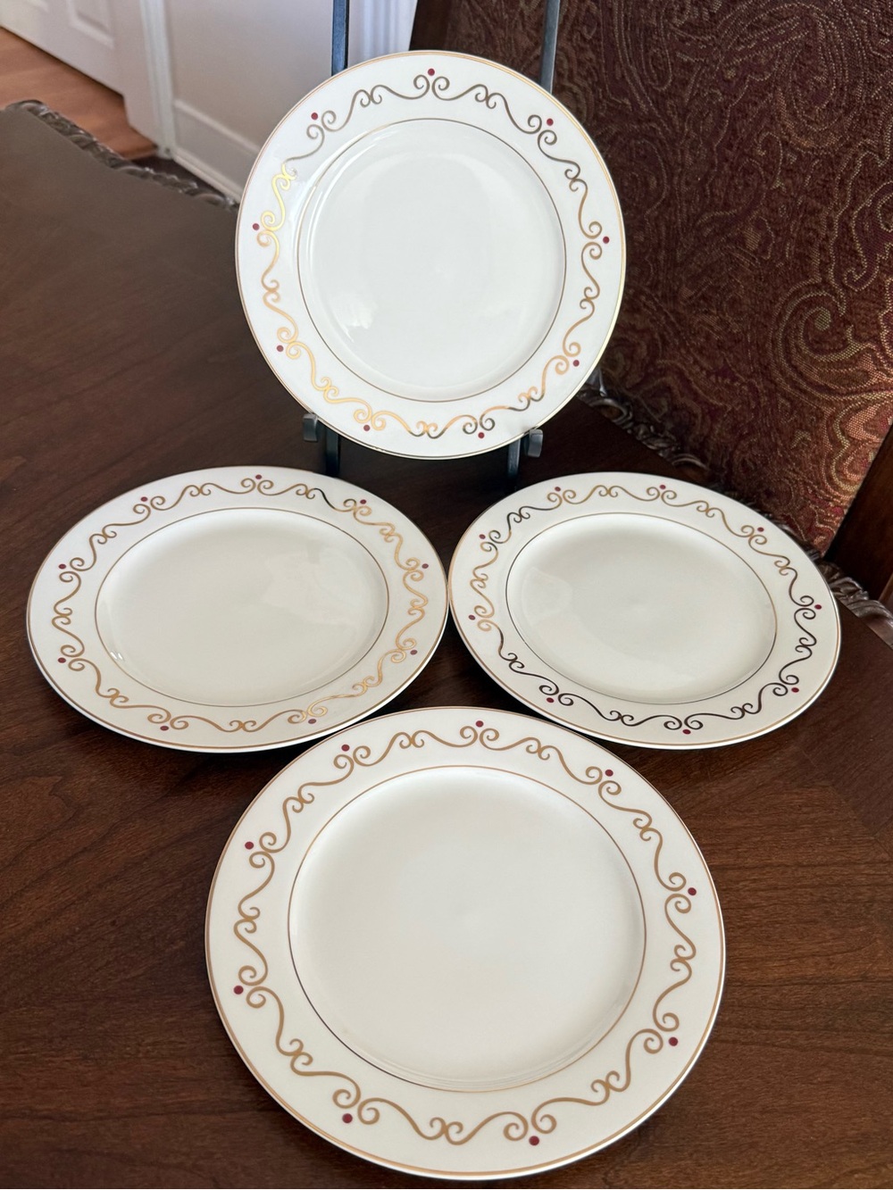 Set of 4 Vintage Pier 1 Holiday Scroll Gold Rimmed 8.5” Salad Plates